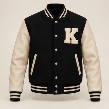 Midnight Club Letterman Jacket, Black / Beige, front view