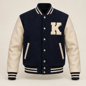 Stadium Navy Letterman Jacket, Navy / Beige, front view